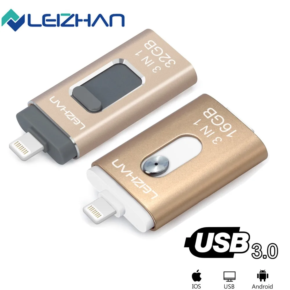 LEIZHAN 3 in1 USB Flash Drive 64 gb для iPhone X 8 7 6 6s 32 ГБ с поддержкой OTG Android флешки Lightning Memory Stick 128