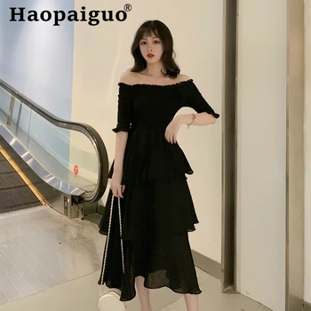 

Slash Neck Cake Style Chiffon Summer Dress Women Corset Black Evening Party Dress Midi Bodycon Dress Summer Clothes for Women
