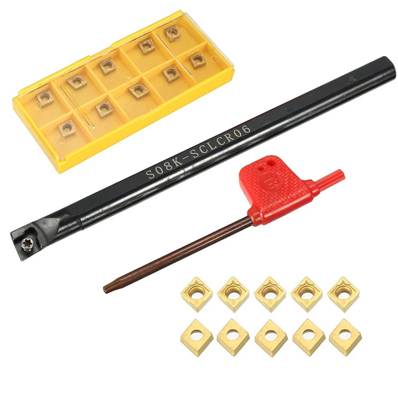 S08K-SCLCR06 Turning Tool Holder Boring Bar + 10pcs CCMT060204-HM Blades Inserts + T8 Wrench For Lathe Turning Tool Mayitr