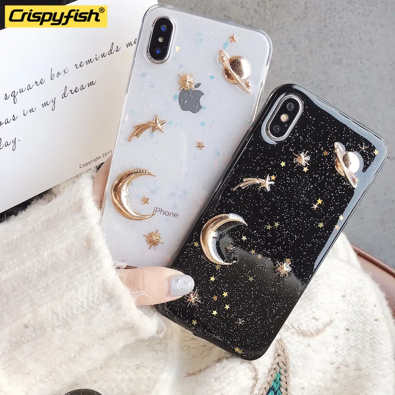 

Crispyfish Glitter Universe Silicone Clear Case For iPhone X 6 6S Plus TPU Soft Transparent Cover For iphone 7 8 Plus XR XS Max