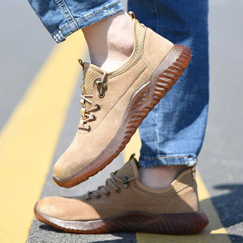 Мужская защитная Рабочая обувь мужские ботинки со стальным носком из натуральной кожи дышащие рабочие ботинки из говядины