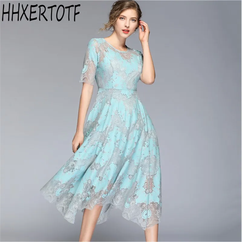 

2019 Summer Womens Lace Dresses Sexy Hollow Out Long Vestido Elegant A-line Work Casual Slim Office Party Long Dress