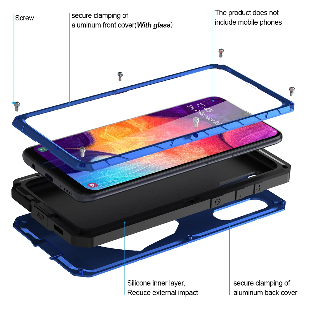 Baratos Para Samsung Galaxy A50 funda de teléfono de Metal de aluminio duro Protector de pantalla de vidrio templado cubierta de silicona de protección de alta resistencia