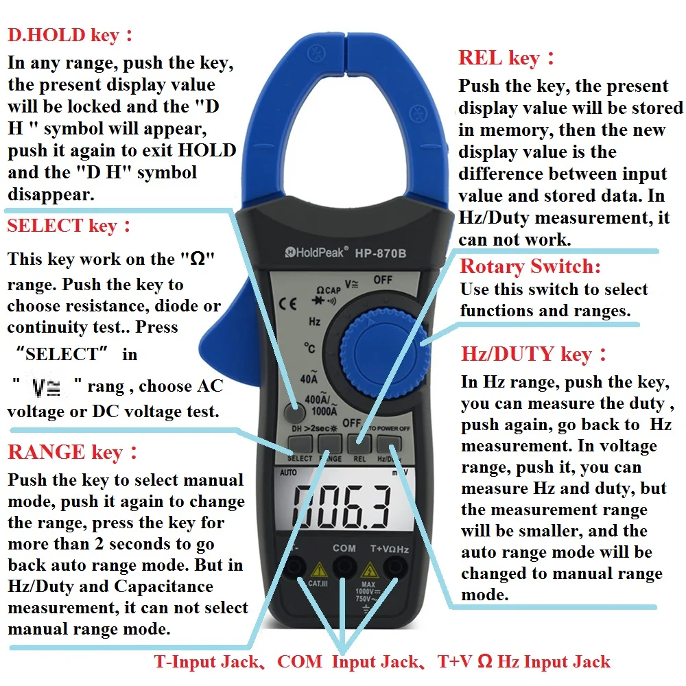 HoldPeak HP-870B rango automático DC AC Digital Clamp Meter multímetro Pinza Amperimetrica Amperimetro retroiluminación apagado automático HoldPeak HP-870B rango automático DC AC Digital Clamp Meter multímetro Pinza Amperimetrica Amperimetro retroiluminación apagado automático