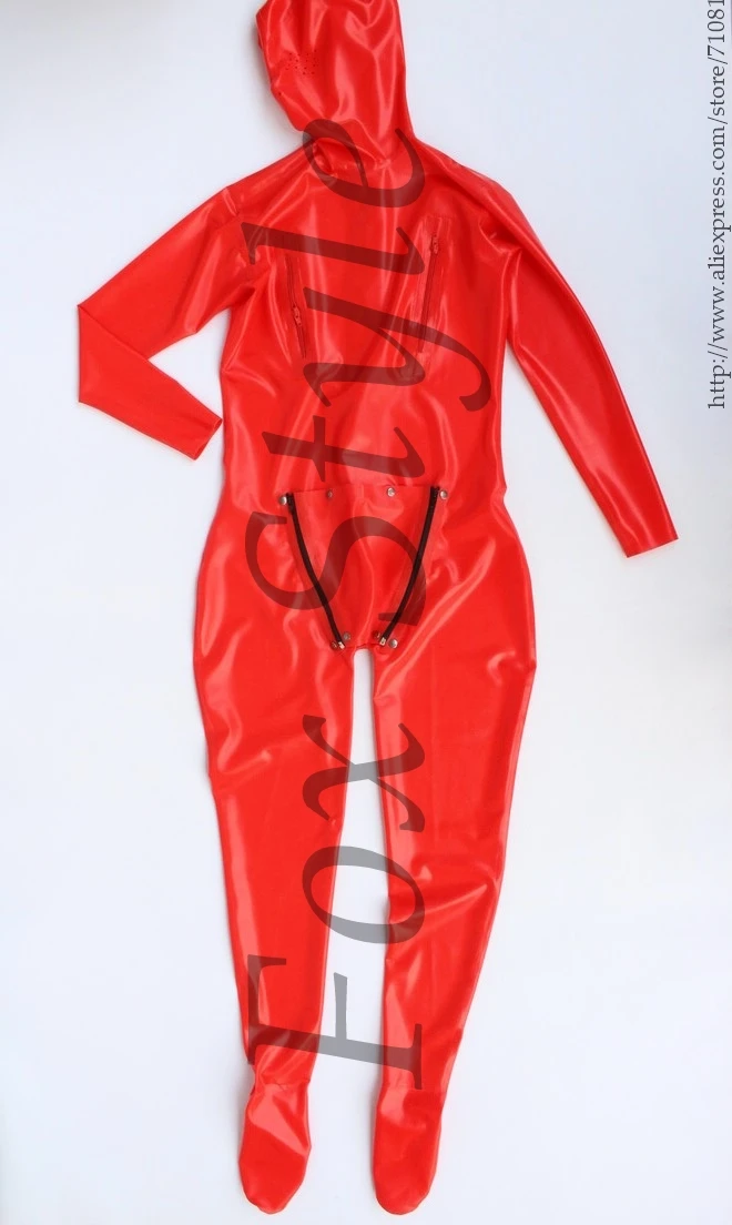 

latex catsuit with sexy hood&socks full cover rubber bodysuit red color for men fox style with cod pieces with hole on penies