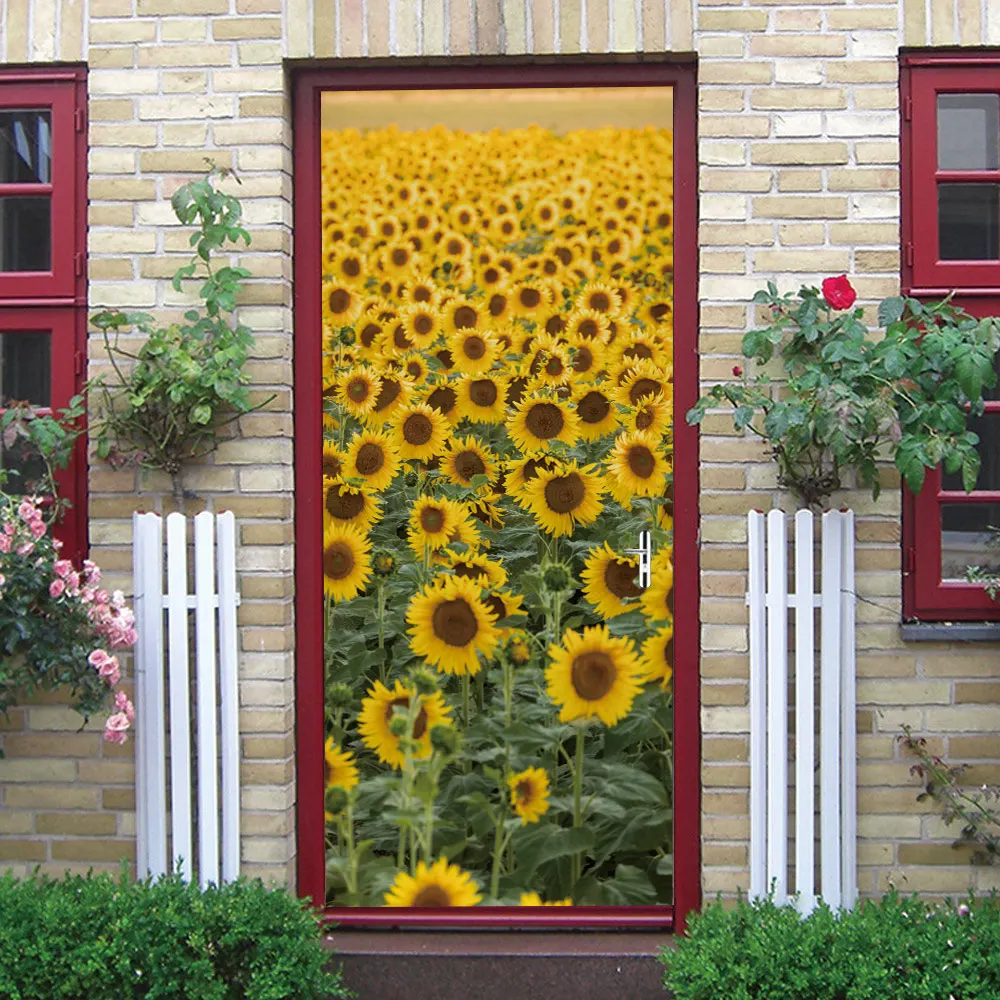 

3D Wall Door Stickers DIY Waterproof Self-adhesive Art Sunflower field Poster PVC Decals for Home Decoration Door Wall Stickers