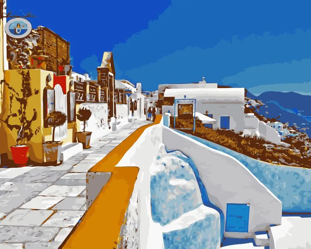 MaHuaf-j313 Greece Santorini Island Sea house DIY coloring by numbers Wall decoration painting 