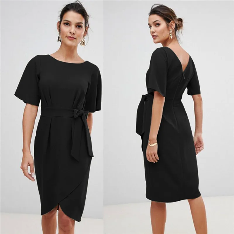 Women Backless Dress Ladies Short O Neck Knee Dress 2019 Winter Office Lady Elegant Women Dress Dress Dress Dress Dress Dress