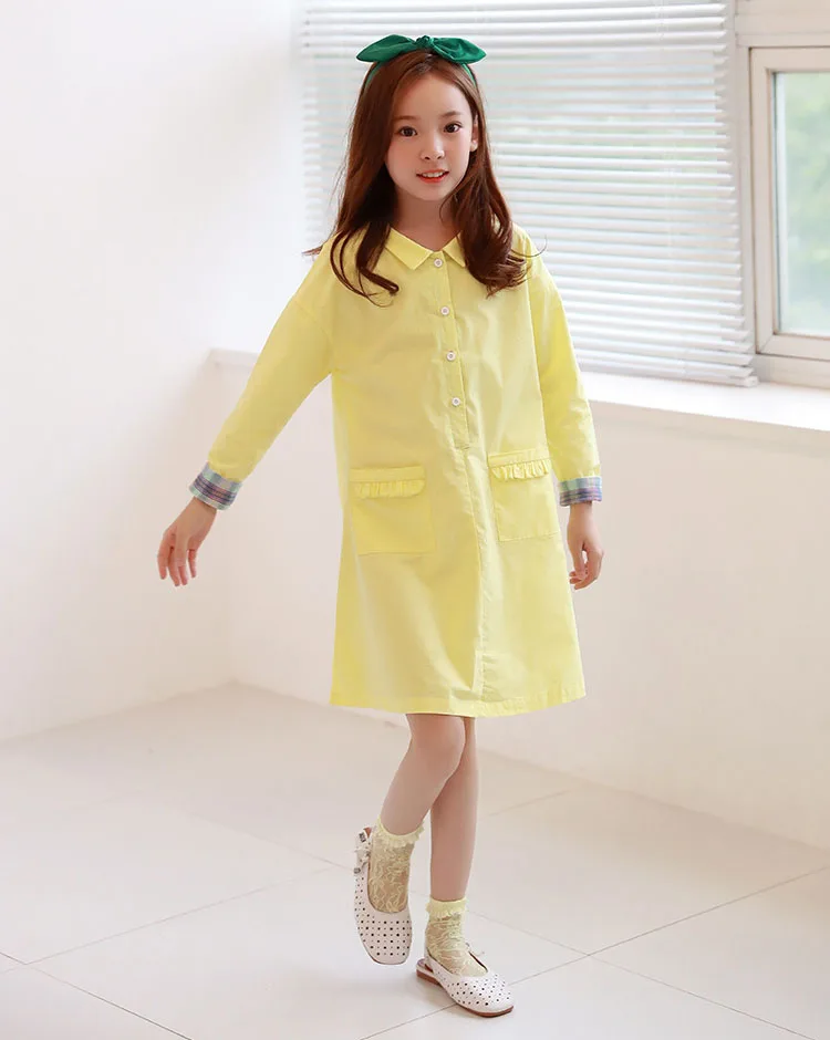 children school long shirts big girls dresses fall 2018 autumn cotton teen girls dress princess long sleeve tops yellow clothing (15)