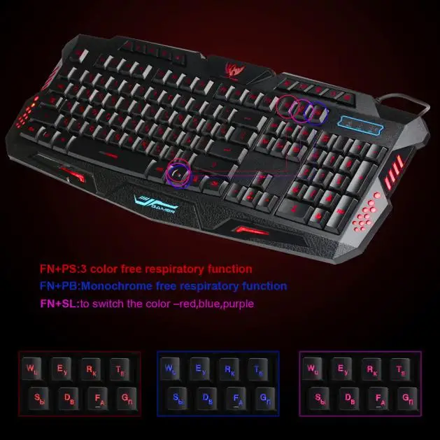 

3 Colors Crack Illuminated LED Backlight USB Wired Multimedia PC Gaming Keyboard