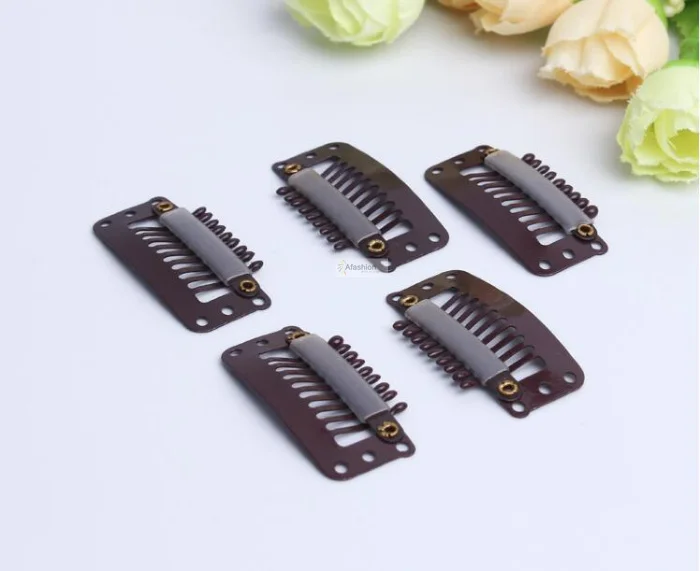 50pcs Brown color 9 teeth snap clips in on hair weave extensions U Shape weft toupee wig closure styling tools