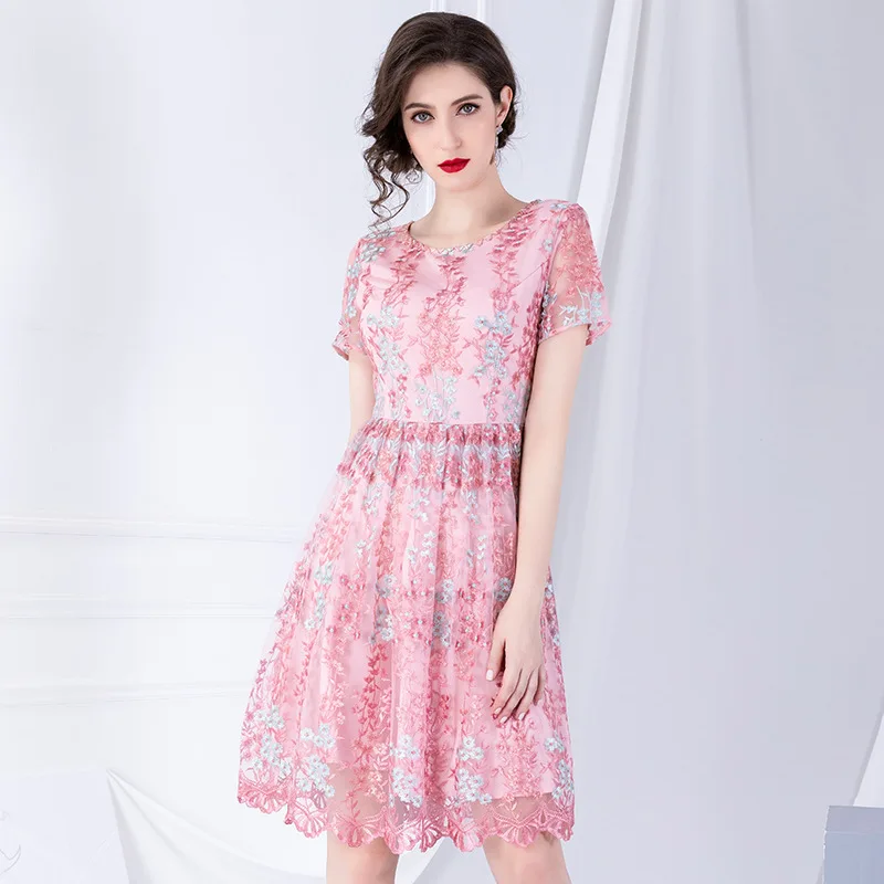 

2019 NEW High quality Girl Pink party dress s xl spring summer flower Women Short sleeve Embroidery Dress ladies empire dresses