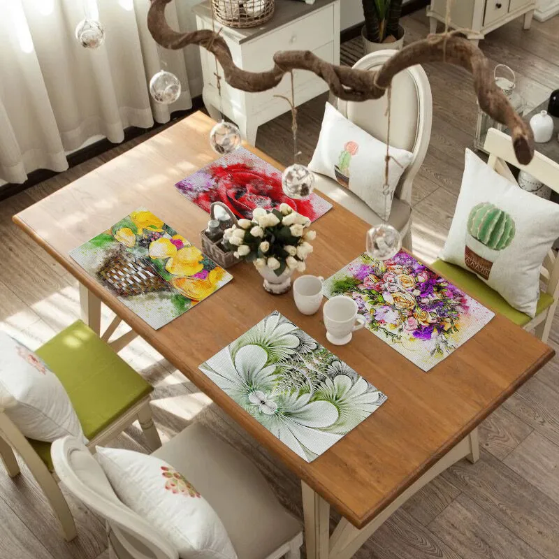 

Flower Pattern Placemats Cotton-linen Non-slip Mats Kitchen Accessories Mat Solid Placemat for Kitchen Table Decor Home