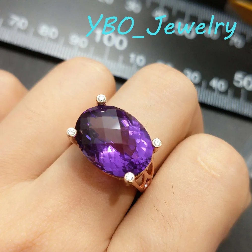 

YBO. Big gemstone ring natural South African dark color amethyst 12ct OV 12*16mm in 925 sterling silver with rose gold ring