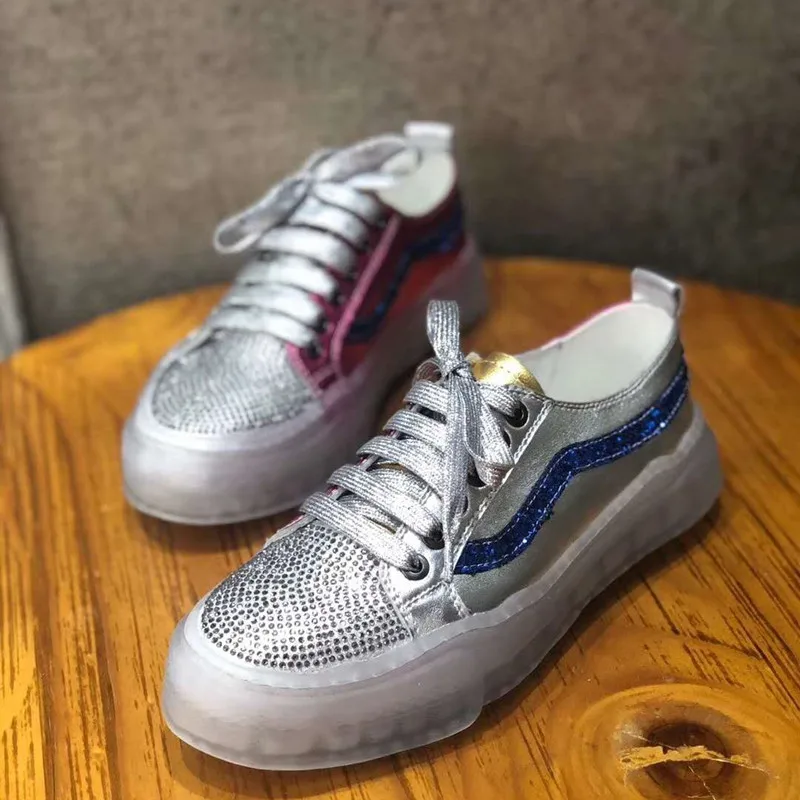 Fast Delivert New Women Sneakers Genuine Leather Fashion Comfortable Round Toe Flats Platform Woman Rhinestones Casual Shoes