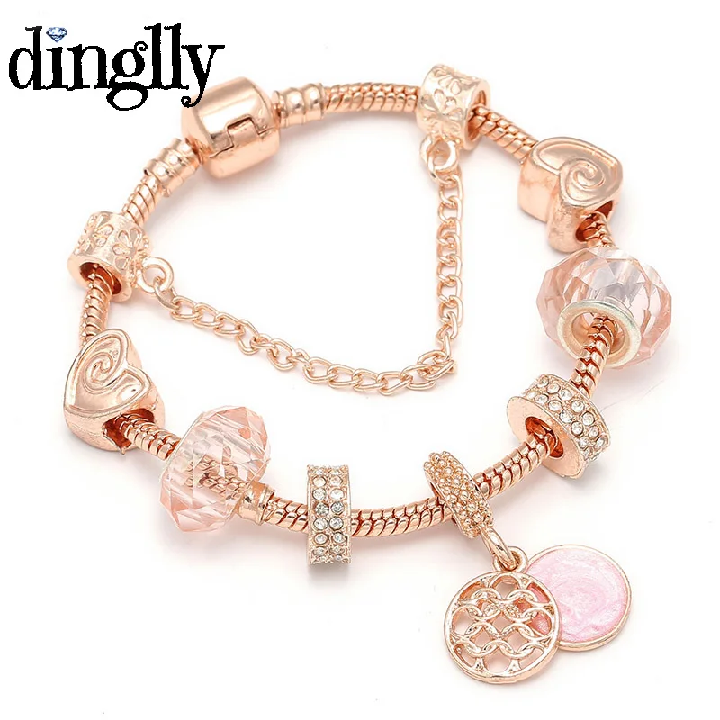 

DINGLLY Antique Rose Gold Color Original Women pandora Bracelet with Glass Beads Brand Bracelet Party Jewelry