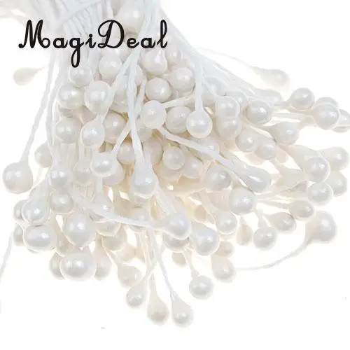 MagiDeal 150 Pieces Pearl Double Tip Floral Stamens Pearlized Double Head with Stem Gift wrapping Decoration - White
