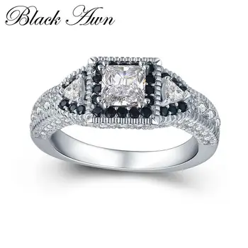 

BLACK AWN 2019 New 100% 925 Sterling Silver Jewelry Trendy Engagement Rings for Women Black&White Stone Wedding Ring C412