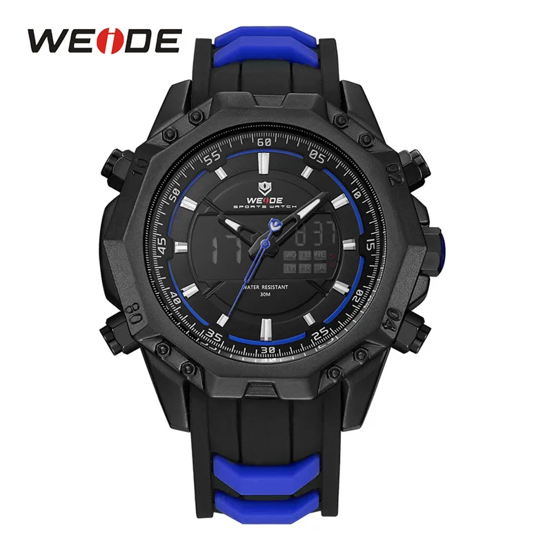 WEIDE Часы Мужчины LCD Аналоговый Цифровые Задняя Подсветка Японский Механизм MIYOTA Оригинальная Батарея Хардлекс Негабаритный Циферблат Силиконовый Ремешок Кварцевые Водонепроницаемые Черные Наручные Мужские Часы - Цвет: blue strap