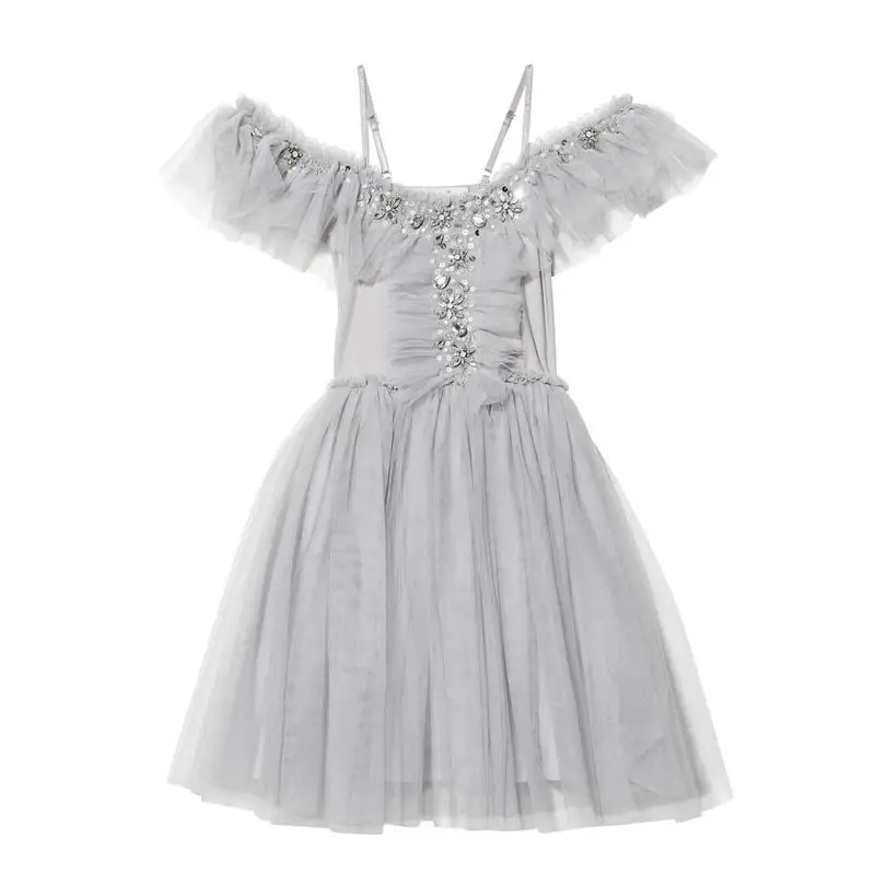 Retail 2019 Summer Gray Dress for Girls Rhinestones Sequins Gauze Off Shoulder Princess Party Children Clothing 2-6T E8605 | Детская