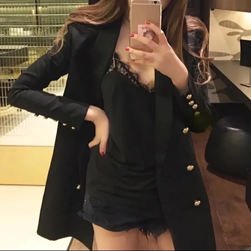 

Blazers Women Long 2018 Spring Autumn Double Breasted Coat Casual Slim Suit Jackets Feminina Tops OL High Quality Black A726