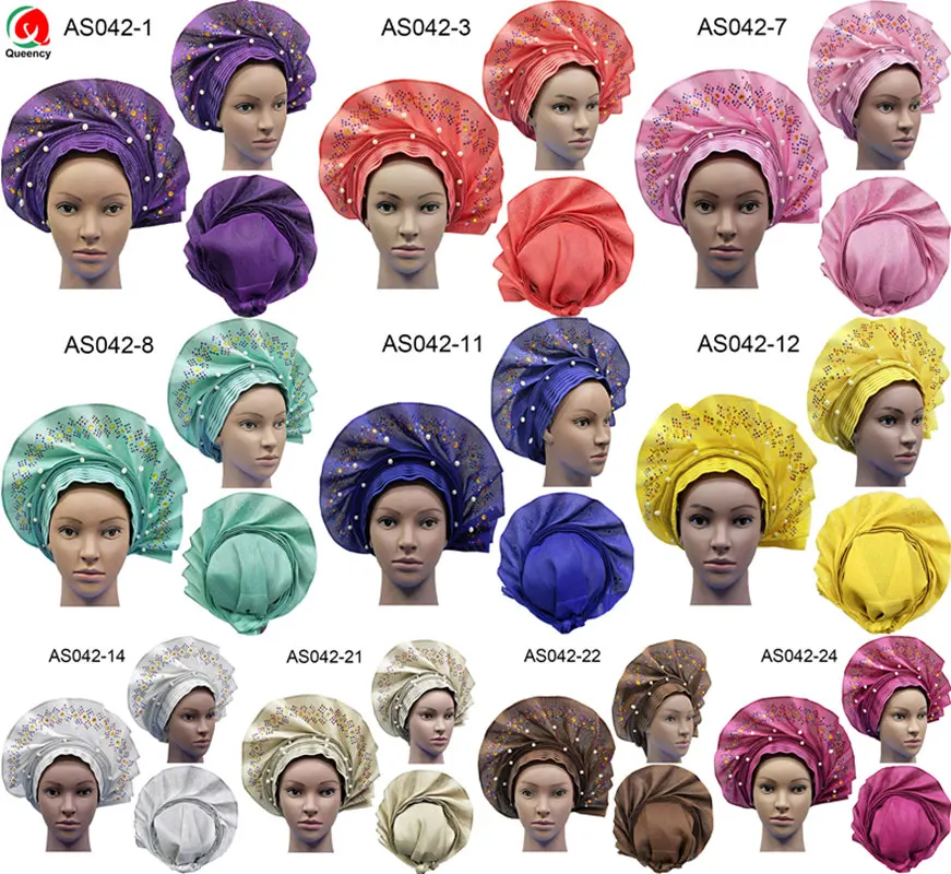 

DHL free shipping-Fashional African Auto Gele with Beads and Stones Adjust design Women for Wedding and Party AS042