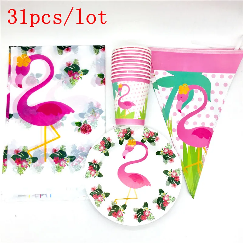 

31Pcs/Lot Flamingo 10Plates + 10Cups+ 10Flags+1Tablecloth Happy Birthday Party Supplies 10 Person Party Decoration Tableware Set