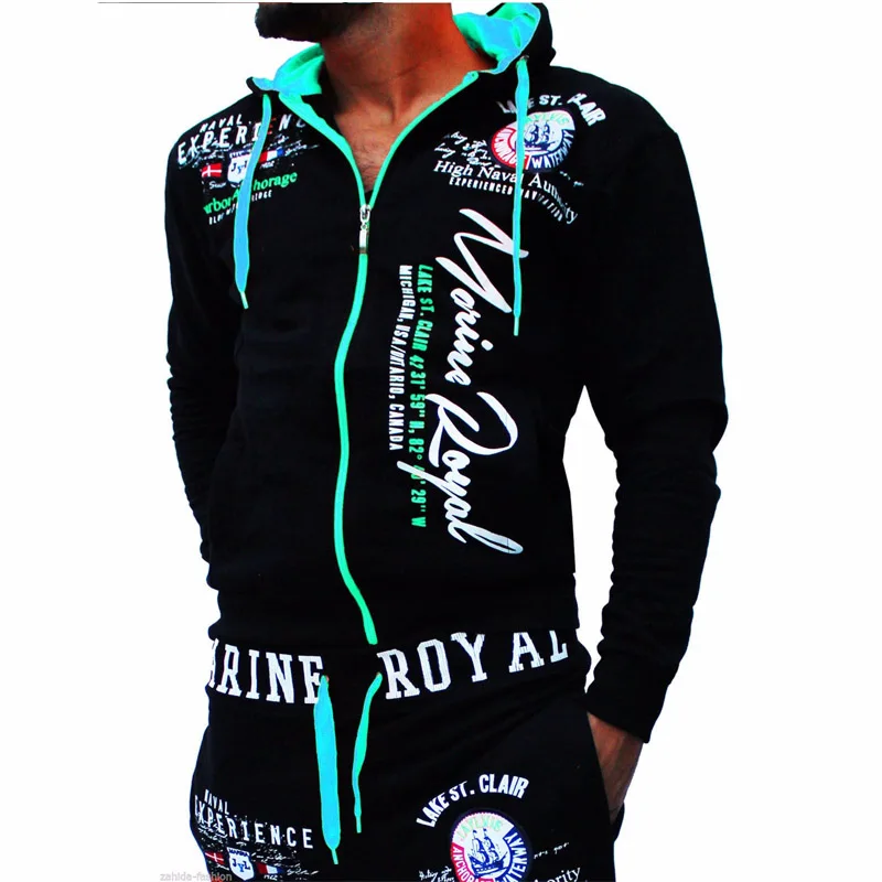 Zogaa 2019 Zipper Hooded Letter Printed Sportswear Men Set Tracksuits Casual Hoodie 2pcs Sweatshirt + Pants Set Clothing