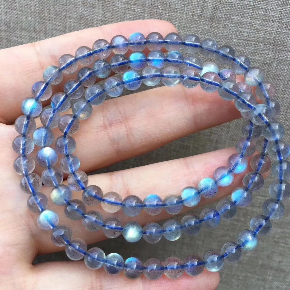 Genuine Natural Blue Labradorite Bracelets 5mm Blue Lights 3 Laps Lady Stretch Necklace Crystal Round Beads Bracelet (4)