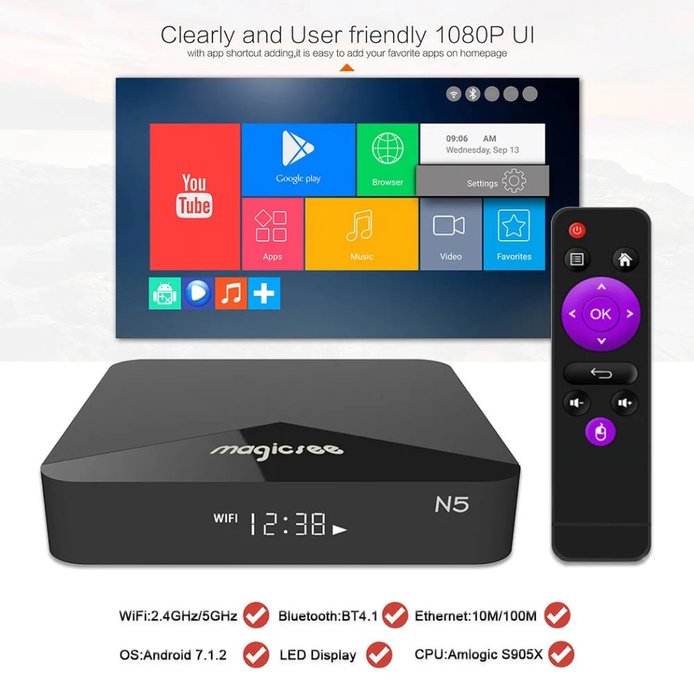 Magicsee N5 التلفزيون مربع الروبوت 7.1.2 الذكية التلفزيون 4 K علبة تلفزيون بروتوكول الإنترنت H.265 Amlogic S905X DDR3 2G RAM/16 G ROM BT4.1 مشغل الوسائط Magicsee N5 التلفزيون مربع الروبوت 7.1.2 الذكية التلفزيون 4 K علبة تلفزيون بروتوكول الإنترنت H.265 Amlogic S905X DDR3 2G RAM/16 G ROM BT4.1 مشغل الوسائط