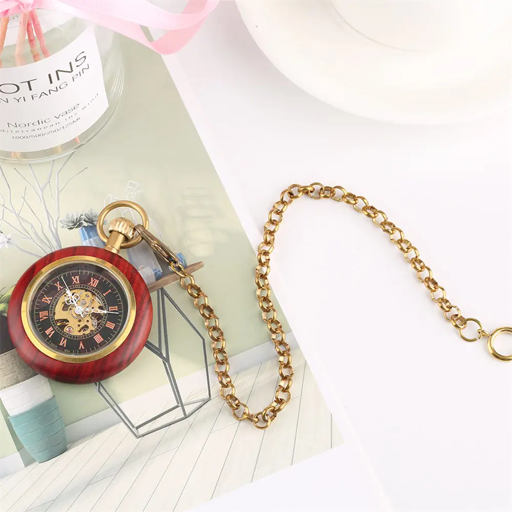 Механические карманные часы для мужчин и женщин, часы со скелетом Tevise, часы с красной деревянной рамкой, Механические карманные часы, простые повседневные карманные часы