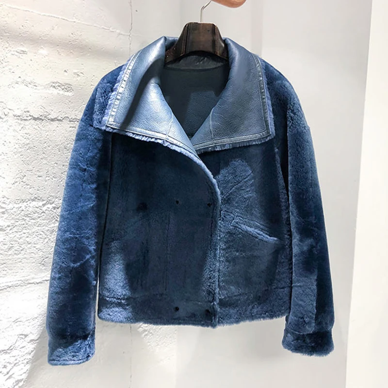 Réversible Mérinos Veste En Longues Manteau Manches Peau Femmes Bleu De Rf0327 Fourrure À Mouton Réel tvrqwztx7