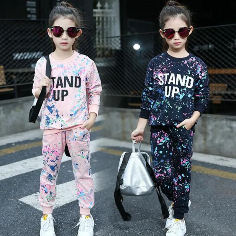 

2017 Spring Fall Baby Big Girls Clothing Sets Long Sleeve Colorful Graffiti Letter Shirt+Pant 2Pcs Kids Girls Set Clothes JW1087