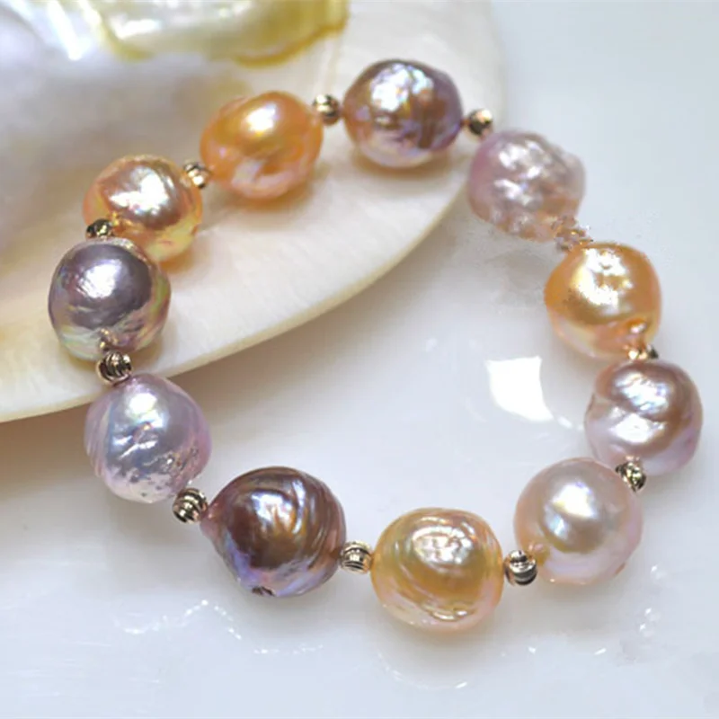 

100% Natural big 11-13mm Multicolor Baroque Pearl Bracelet Fashion rose gold elasticity bracelets For women Free shipping