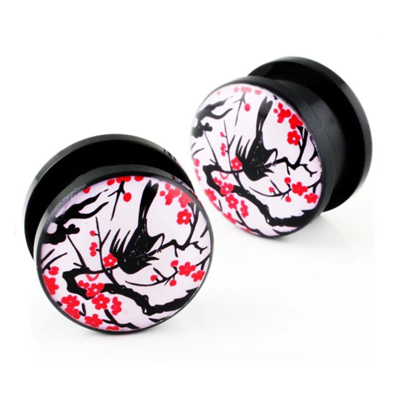 1 pair Japanese Flower Birds Plugs ear plug gauges tunnel acrylic screw