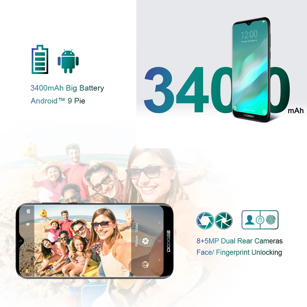 DOOGEE Y8 Android 9.0 MTK6739 Quad Core smartphone 6.1 inch FHD 19:9 8MP+8MP 3GB 16GB 3400mAh 4G LTE Mobile phone