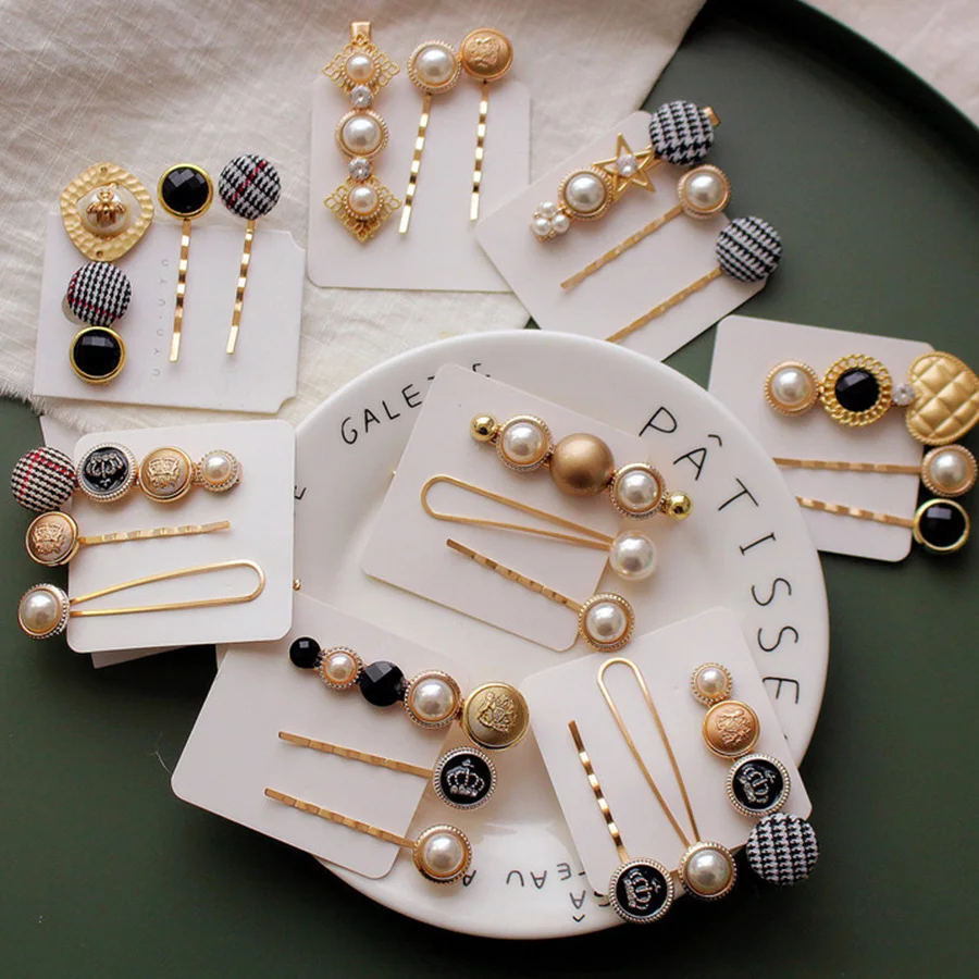 

Wedding Hair Accessories for Female Hairpins Jewelry Temperament Girls Crowns Houndstooth Button Pearl Side Hair Clips Barrettes