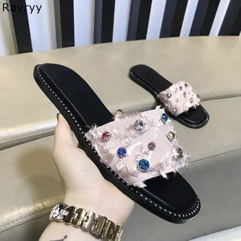 

Woman pink slides summer colorful crystal sandals fashion slipper flats heel outside party casual shoes female beach shoes