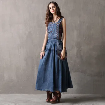 

Women Dress 2018 Boho New Denim Vestidos Flower Embroidery A-Line Back Zipper Swing Hem Overall Maxi Dresses A82038