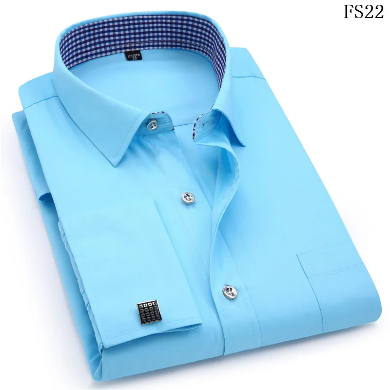 Для мужчин; Мужская классическая рубашка французские манжеты сине-белые Длинные рукава Бизнес Повседневная рубашка Slim Fit сплошной Цвет