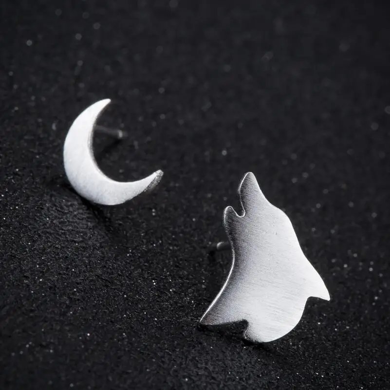 Wolf and Moon Stud Earrings Spirit Animal Jewelry