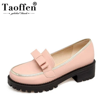 

TAOFFEN Size 34-43 Women Bow Tie High Heels Shoes Vintage Low Square Heel Pumps Spring Autumn Footwear Round Toe Platform Shoes