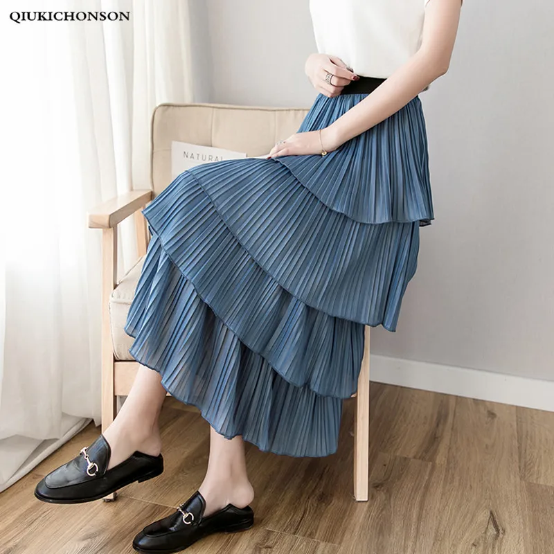 Весна Лето длинные плиссированные юбки женские корейские модные многослойные плиссированные миди юбки с высокой талией jupe longue femme