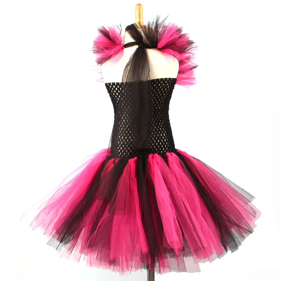 Halloween Girl Witch Hot Pink Black Cosplay Tutu Dress Knee Length Evening Party Dress Kids Holidays Tutus Purim Dress (11)