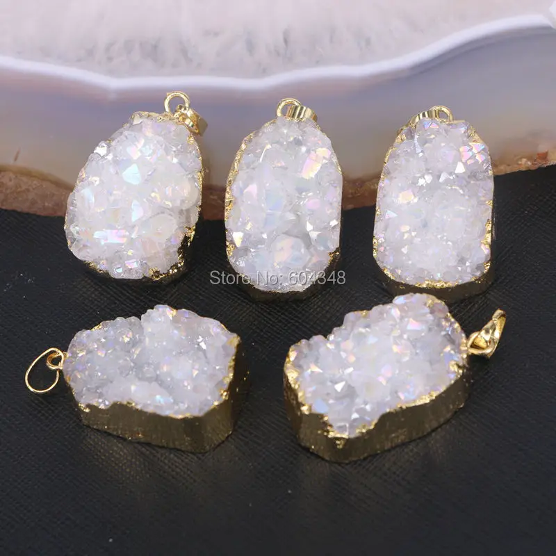 

5pcs Titanium AB Quartz Pendant, Gold color edged Drusy Gem stone Pendant, Quartz Stone For Jewelry Making
