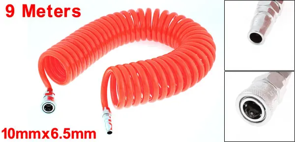 9 Meters Long 10mm x 6.5mm Polyurethane Coiled Air Hose Tube Orange