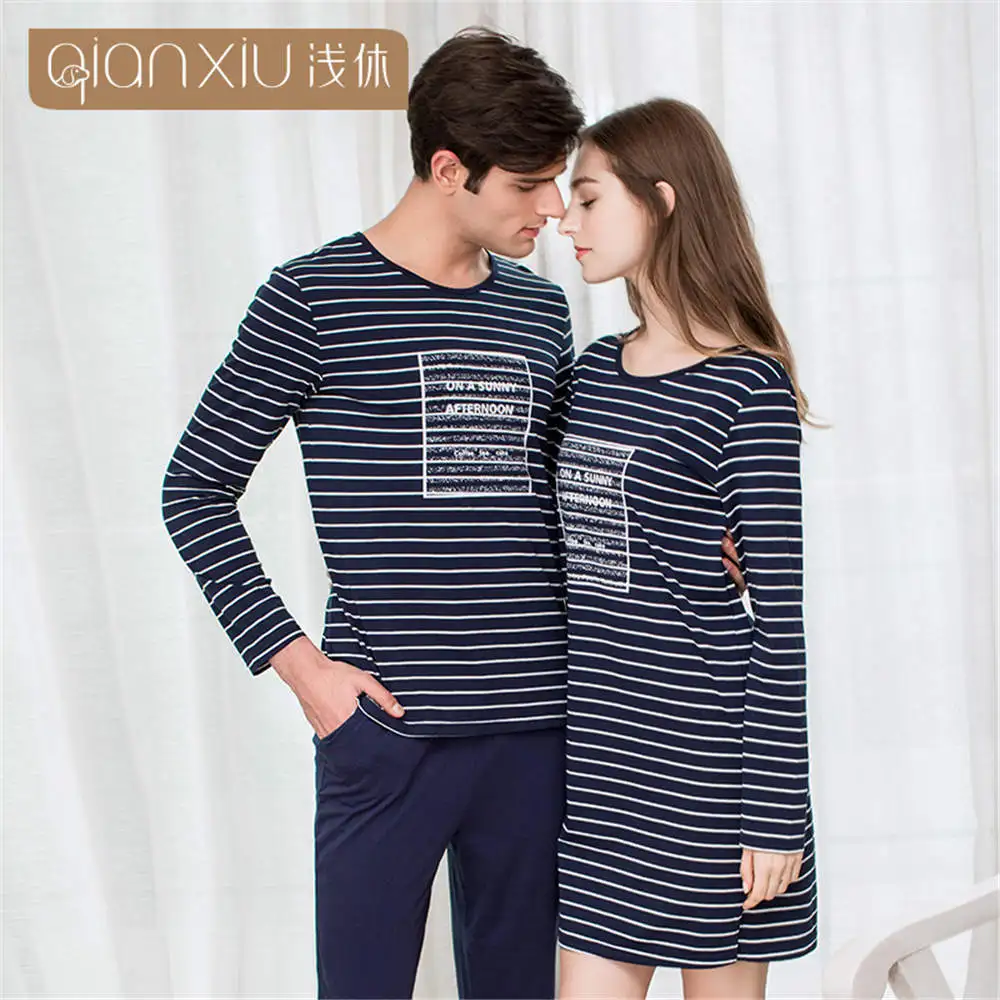 Qianxiu 2019 осенние пижамы мужские s пижамы хлопковые полосатые парные пижамы с длинным рукавом пижамы Мужская пижама домашний Lounge подарок