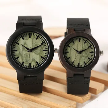 

Natural Ebony Wood Watch Couple Green Tree Hole Dial Black Real Lather Band Quartz Sandal Wristwatch for Lover's Gift Men Women