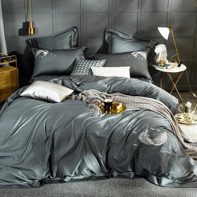 Luxury Egypt Cotton Feather Brief Grey Bedding Set Embroidery Silky