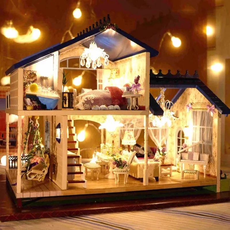 

Provence DIY Handcraft Miniature 1:24 Doll house Voice-activated LED Light Music With Cover Handmade Dollhouse Toys Girl Gift